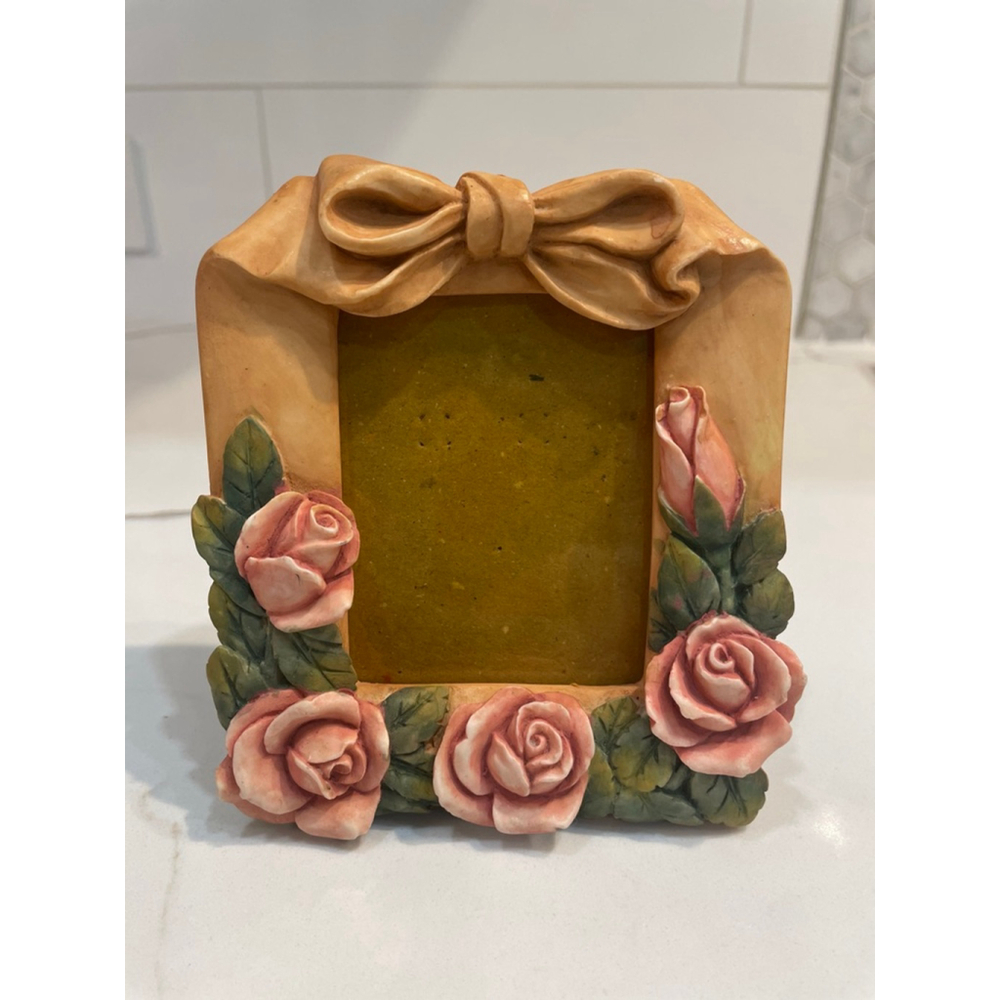 Vintage 90s Pink Rose Bow Picture FrameTable Top Standing Romantic Cottagecore